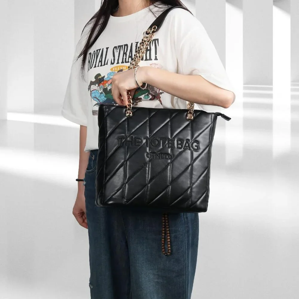 Women's Black-Quilted PU Leather Sophisticated Elegant Retro Style Tote Bag